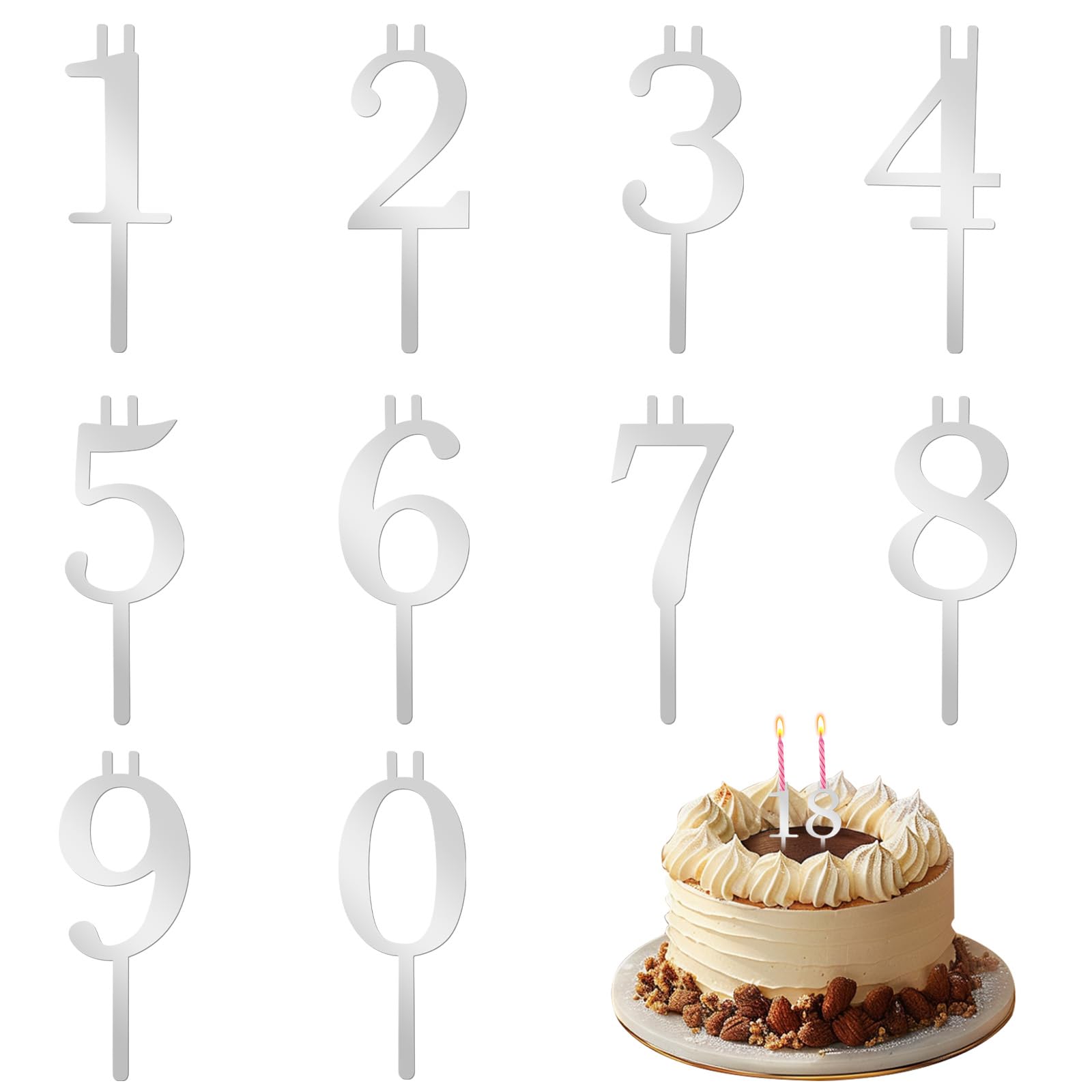 Photo 1 of 10Pcs Reusable Number Candle Holder Set for Birthday Cakes, 0-9 Stainless Steel Candles Stand, Forever Silver Cake Topper Decorations for Anniversary & Milestone Celebrations