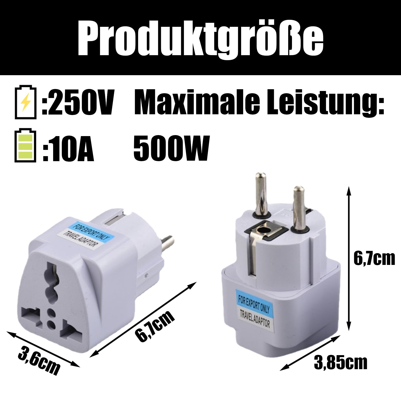 Powice 2 x uniwersalny adapter 10 A/250 V, 500 W, międzynarodowy adapter do Wielkiej Brytanii, USA, Chin i wielu innych