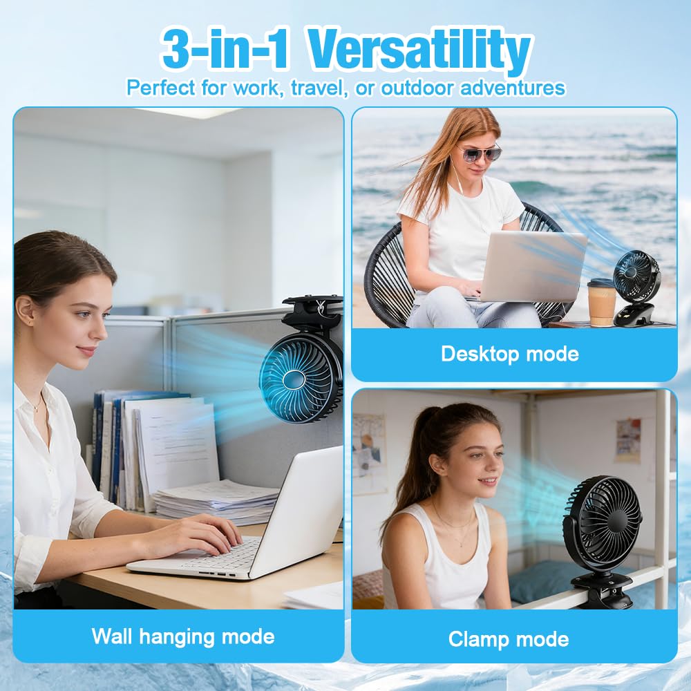 Tragbarer Ventilator zum Anklemmen, persönlicher Ventilator mit Clip, 6000 mAh, batteriebetrieben, USB-Schreibtischventilator, leise, wiederaufladbar, Mini-Tischventilator, 5 Geschwindigkeiten
