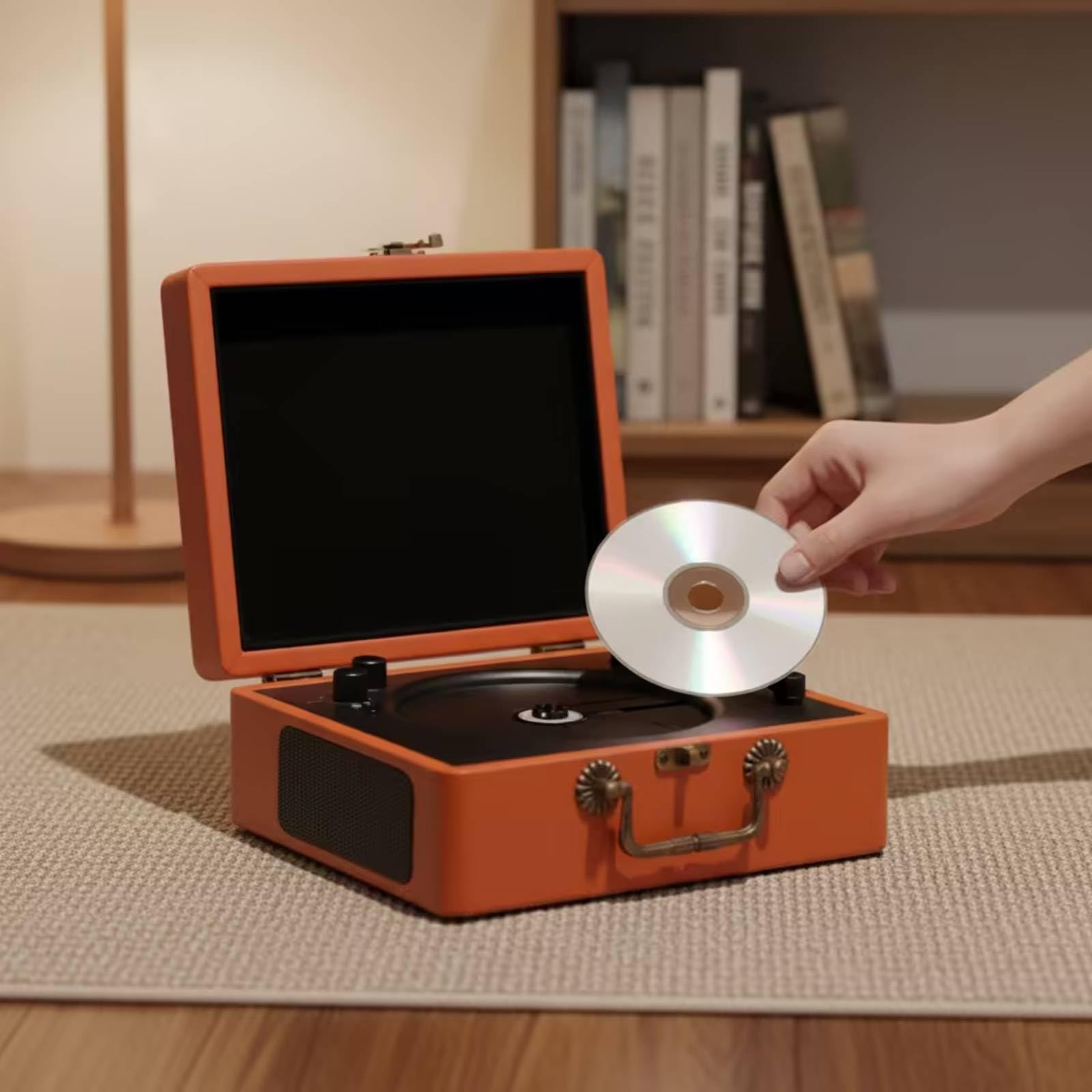Reproductor Dispositivo Musical Maletín Compacto Reproductor CD Retro Estéreo para coración, Marrón