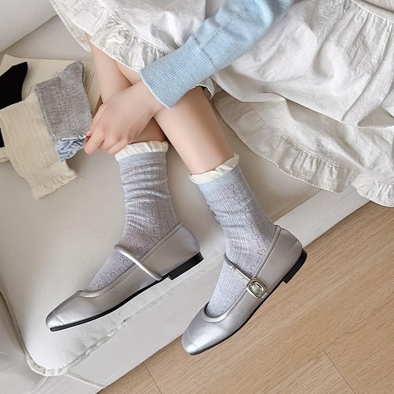 4 Pairs of Ruffle Socks Women, Casual Frilly Cute Knit Lettuce Thin Ankle Socks for Ladies Girls