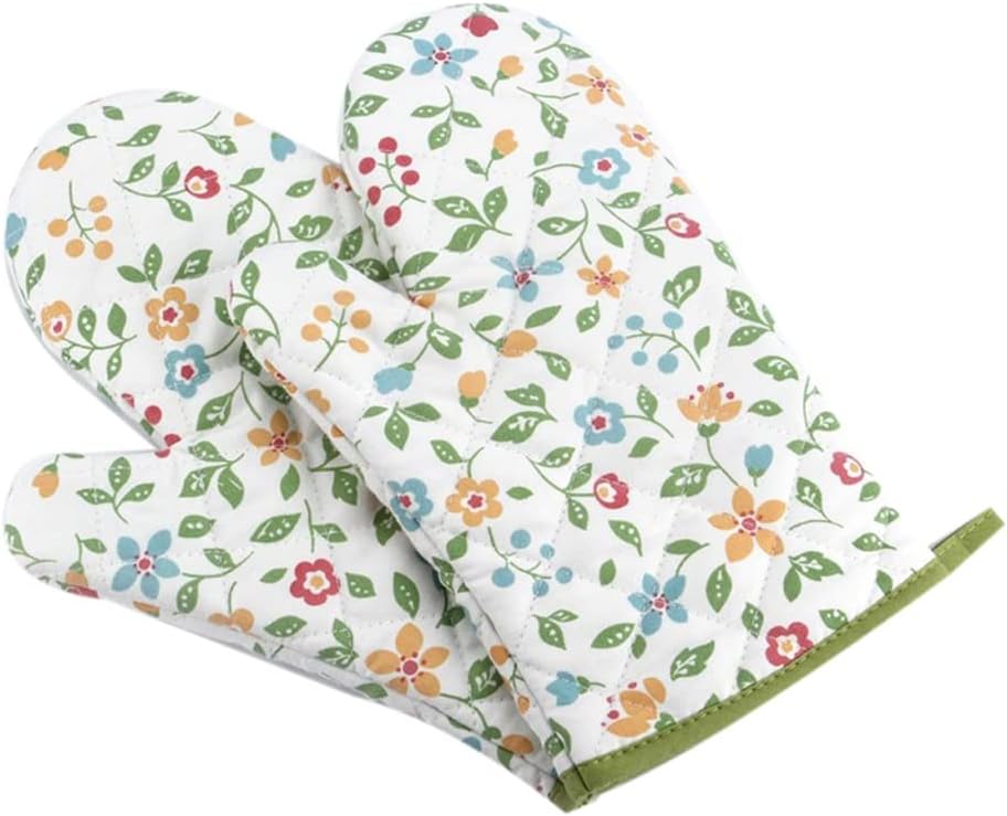 Oven Mitts Floral Kitchen Gloves for Oven Cooking, BBQ Non Slip Gloves, Cotton Lining & Hanging Loop Green