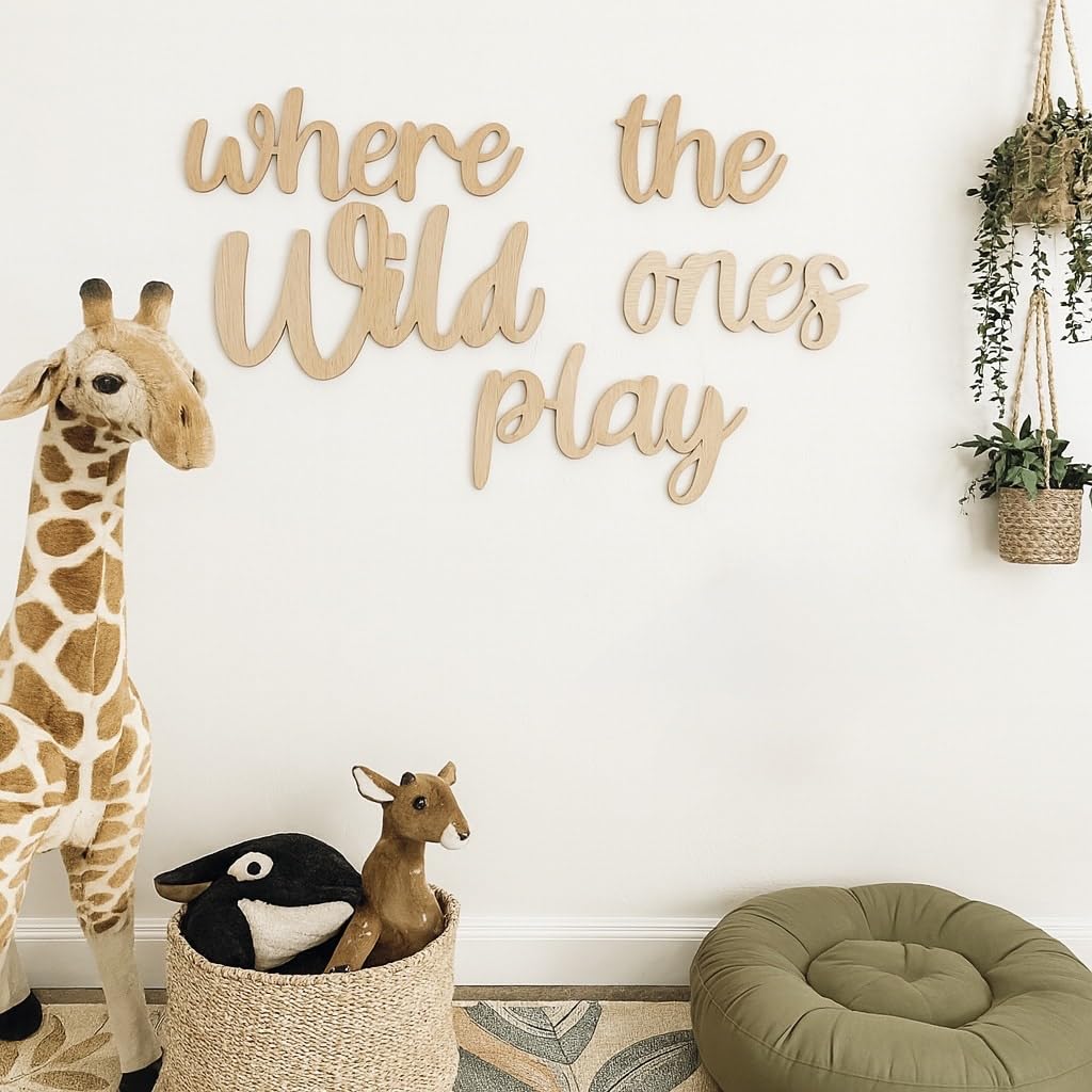 Where The Wild Ones Play Script Sign – Inspirational Bedroom, Home, Door, Wall Decor – Black Vinyl Sticker for Nursery, Kids' Room, Playroom or Living Room Wall Art (Natural)