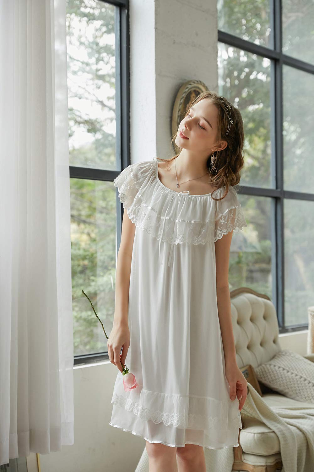 Damen Nachthemd ，Dessous, Nacht Ärmellos Baumwolle mit Spitze Dekoration Nachtkleid Viktorianischer Stil Nachtwäsche