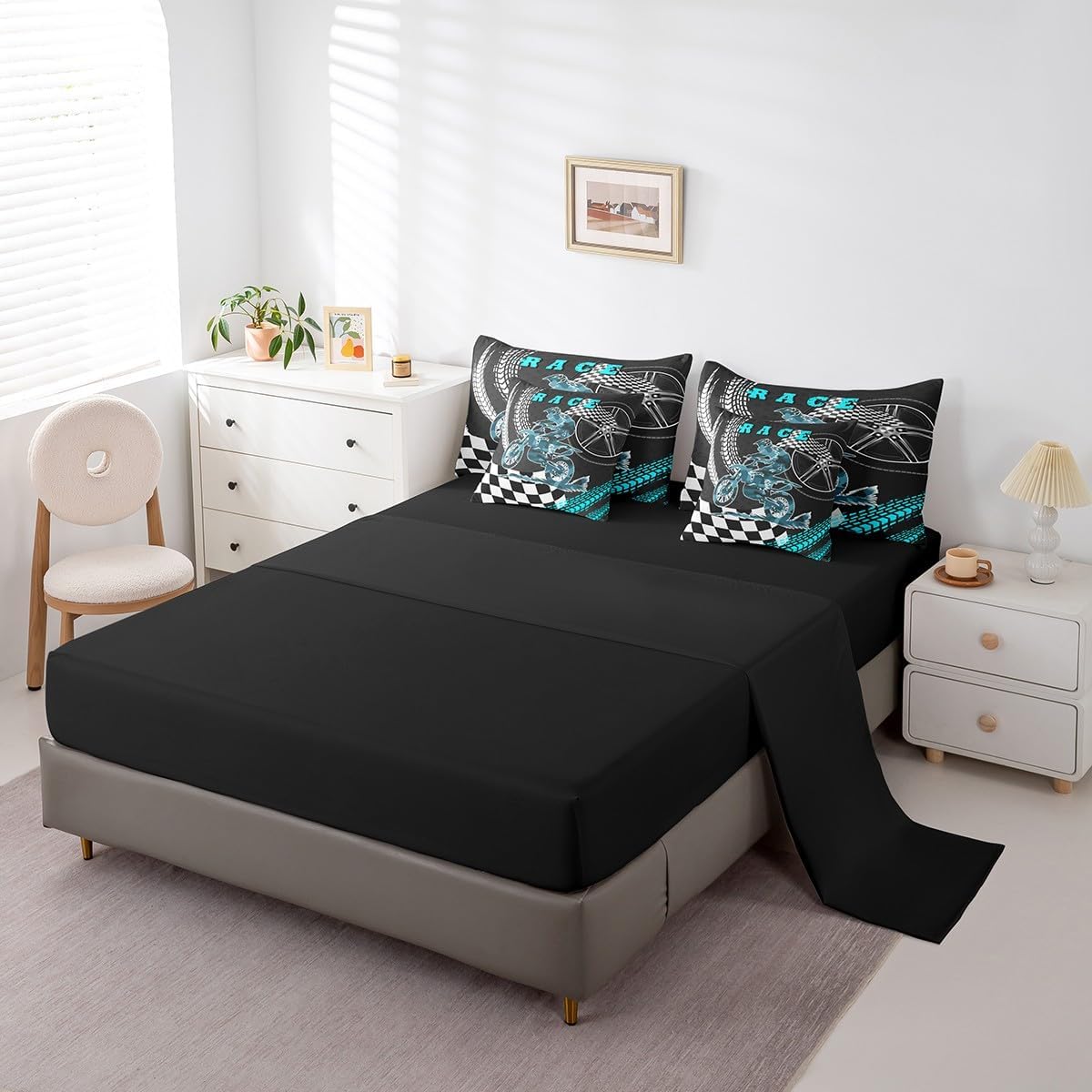 Erosebridal Racing Motorcycle Bedding Sets Dirt Bike Motocross Rider Bed in a Bag Queen Comforter Set 7 Piece for Boys Girls,Extreme Sports Moto Sheet Set with Comforter Motorbike Vehicles Bed Set