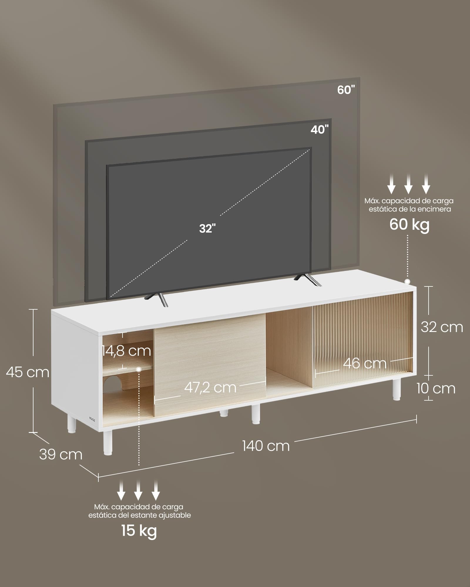 VASAGLE Mueble TV para Televisores de hasta 32/45/50/55/60 Pulgadas, Montaje Súper Rápido Sin Herramientas Toolless, para Salón, Vidrio Ranurado, Moderno, 140 x 39 x 45 cm, Blanco LTV466W01