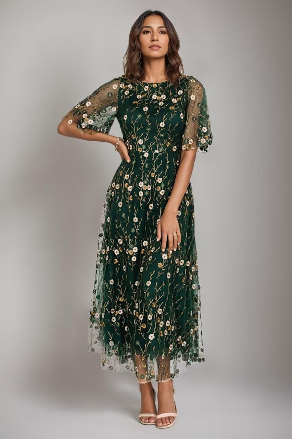 Flower Embroidery Tea Length Mother of The Bride Dresses Short Sleeves A-Line Formal Gowns for Prom Wedding Guest DR0590T - Image 5