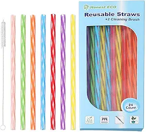 Honest ECO Reusable Stirrer Straws, Straw Cleaner Brush, Short Assorted color Plastic Straws fit for Milk & Juice & Coffee & Smoothies & Cocktail & Kids Straws Kit (24Count-7.5in)