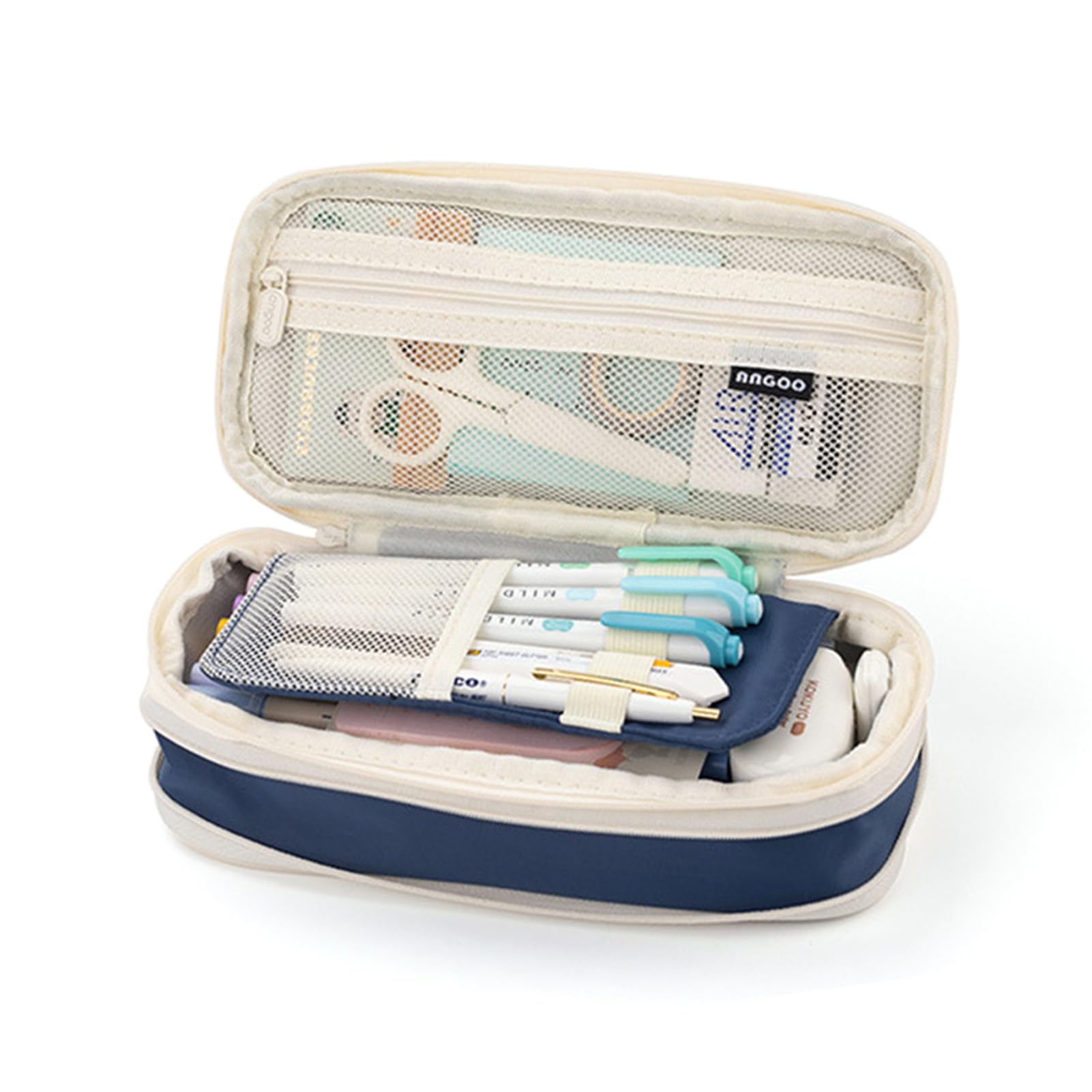 Pissente Large Capacity Pencil Case Canvas Zipper Pencil Case Dual Layer 8.66 X 4.33 X 2.76 in with Mesh Pocket Multilayer Storage for School Students Office Desk Use (Dark blue)