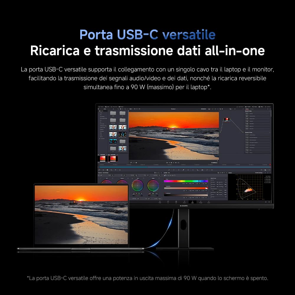 XIAOMI A27Ui Monitor UHD 4K da 27 Pollici, IPS, HDR10, 100% sRGB, 95% DCI-P3, Ricarica Inversa 90W, Certificazione TÜV Low Blue Light (3840 x 2160/HDMI 2.0/DP 1.4/Type-C 90W Output)
