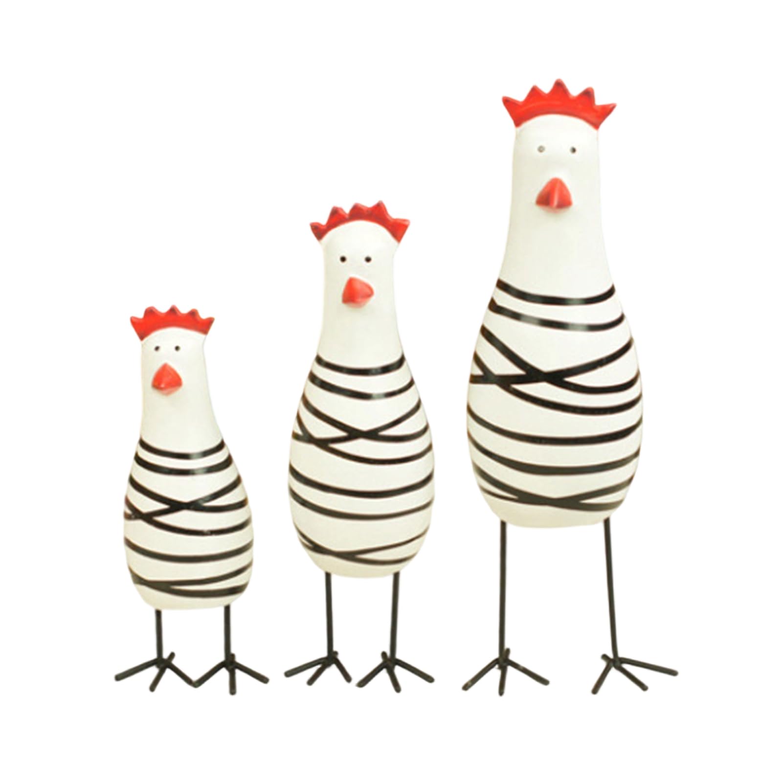 Glifora 3Pcs Hand-Painted Wooden Chicken Figurine Set - Cute Animal Desktop Decor with Striped Black and White Design, Metal Legs Stable Display, Home Tabletop Ornament for Shelf and Windowsill
