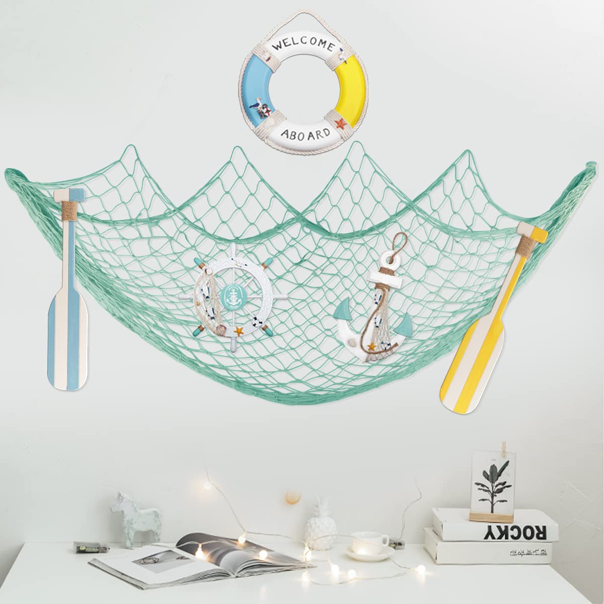Fangoo 200 CM x 150 CM Rete da pesca con conchiglie Decorazioni a tema da spiaggia per la festa in casa Soggiorno Camera da letto Decorazioni in stile mediterraneo Decorazioni murali (Verde-B)