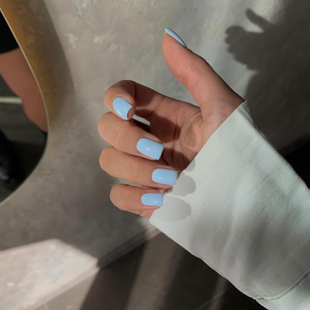 Sky Blue Press on Nails Short Square, Natural Short Gel Nails Glue on Acrylic Nails Press ons, 48Pcs Thick Reusable Fake Nails for Women, Short Coffin Artificial Nails New Solid Color Square Nails