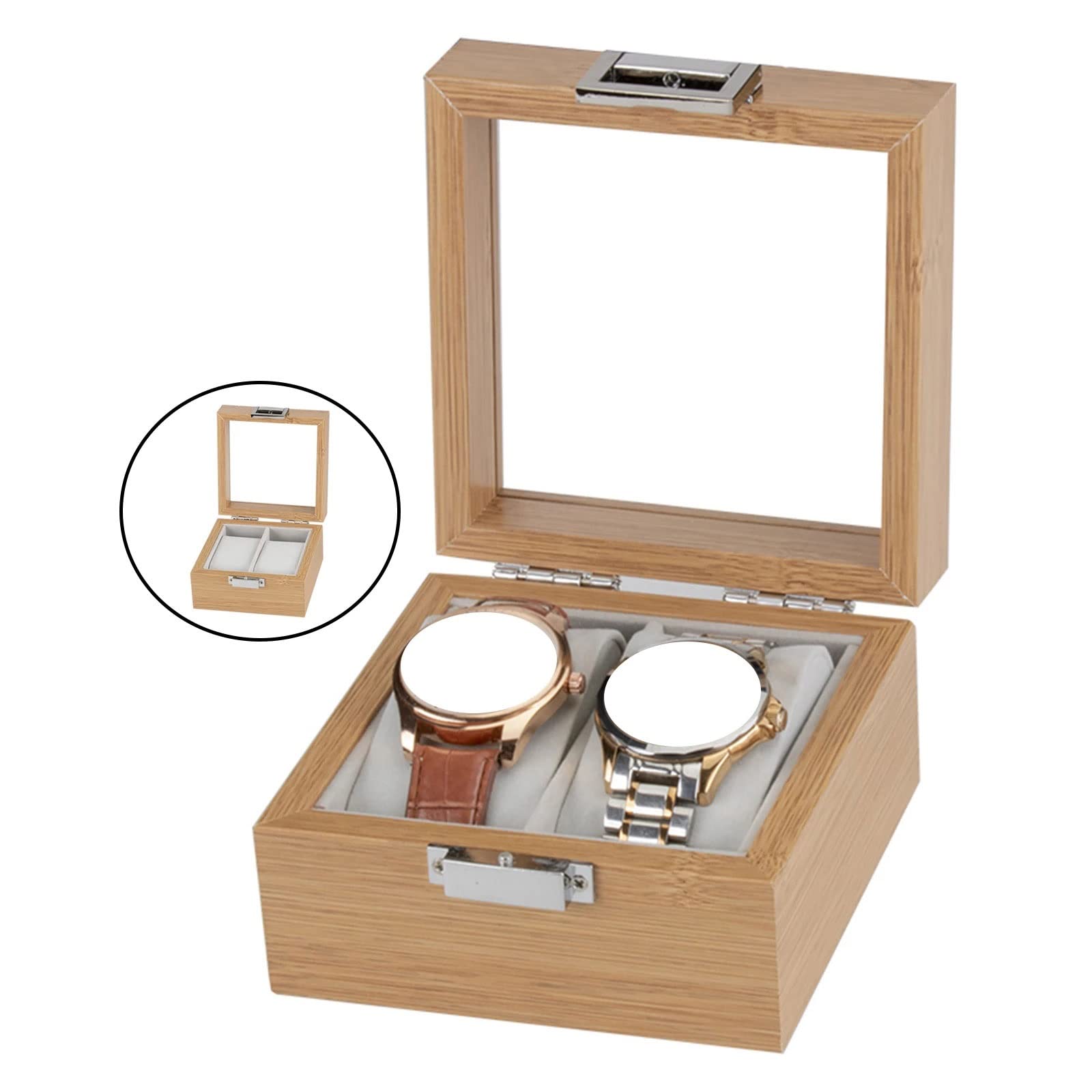 Uhrenboxen Uhrenbox aus Holz mit Glasdeckel und Fenster für 2 Uhren Detaillierte Linien Organizer für Herren und Damen Herrenuhren (Farbe: A Größe: Einheitsgröße)