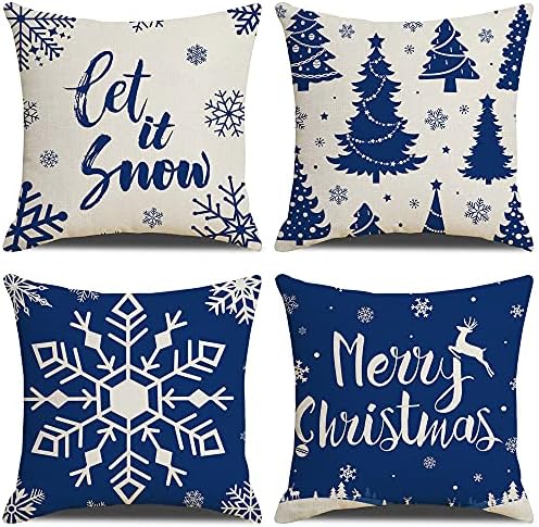 Christmas Pillow Covers 18×18 Inch, Set of 4 Christmas Decoration Throw Pillow Covers, Square Blue Snow Couch Pillow Covers, Linen Farmhouse Pillow Covers for Sofa Couch Living Room Bedroom