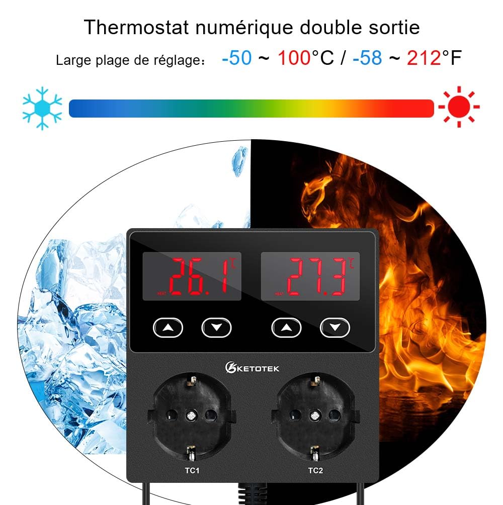 KETOTEK KT99pro Double sortie de contrôleur de température numérique 10A Relais Chauffage Refroidissement Thermostat Prise contrôlée avec capteur pour brassage de reptiles Fermentation | Relais de sortie 10 A, thermostat de prise pour aquarium, brassage d