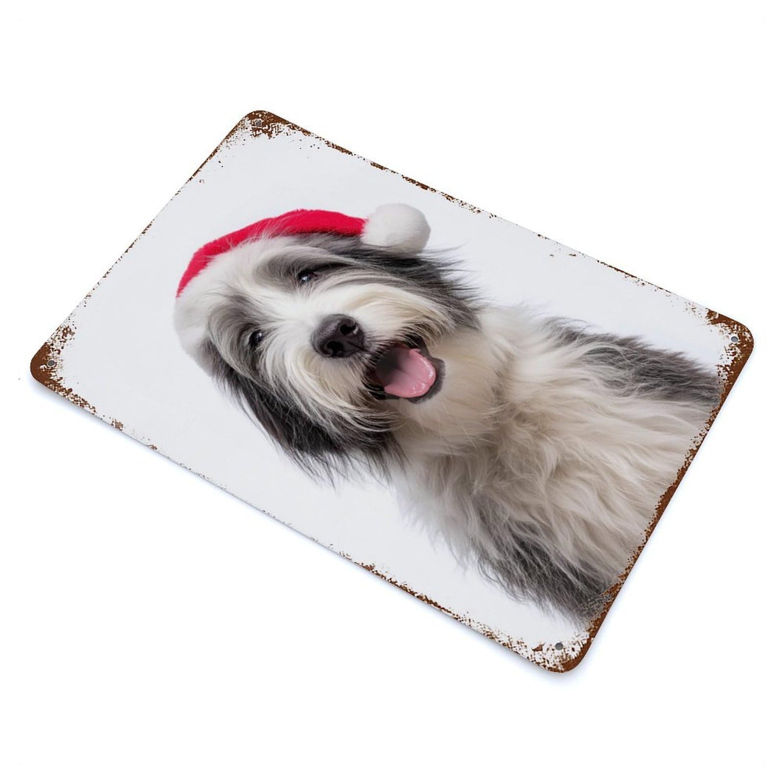 Vintage Rust Metal Sign Polish Lowland Sheepdog with Santa Hat 11.8"x7.9", Decorative Metal Wall Art for Basement, Hobby Room And Garage Decor
