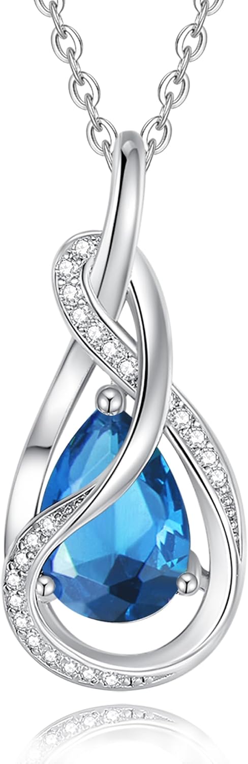 FANCIME TimelessTie Birthstone Necklace for Women White Gold Plated Sterling Silver Ribbon Design Jewelry Knot Pendant Fine Jewelry Gemstone Birthday Graduation Anniversary Christmas Gifts for Women Wife Mother Her