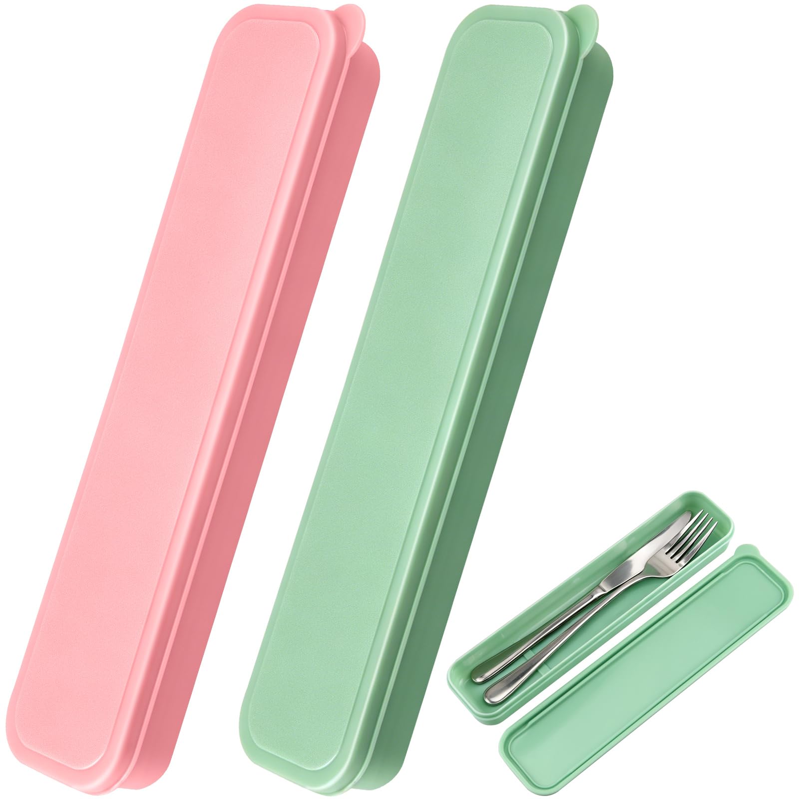 Lunhoo 2 Pack Portable Flatware Storage Case, Plastic Cutlery Storage Box with Lid, Travel Tableware Utensil Case for Office School Camping (Pink, Green)