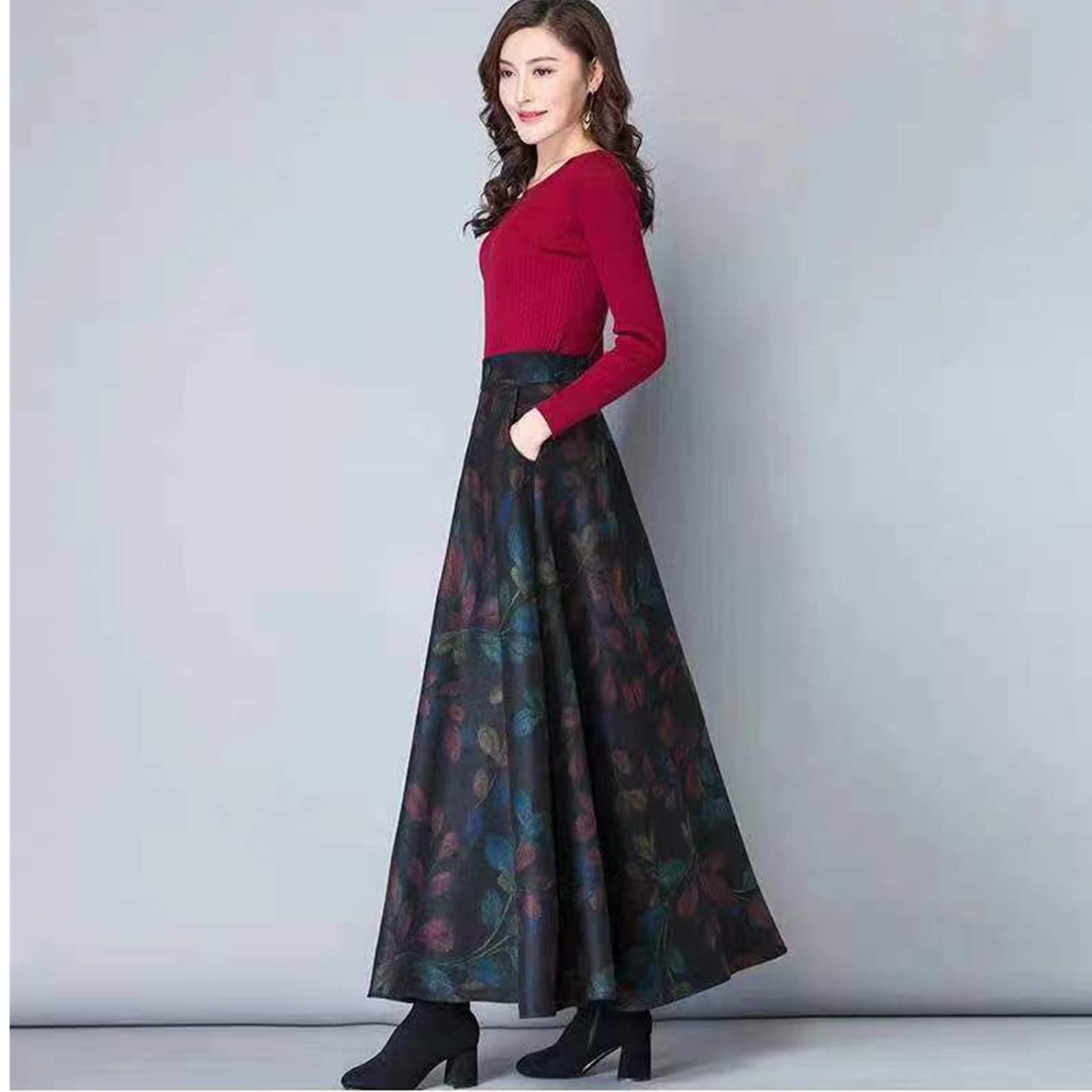 Falda larga de oficina, falda elegante, cálida, versátil, de cintura alta, acampanada, maxi, color, 44