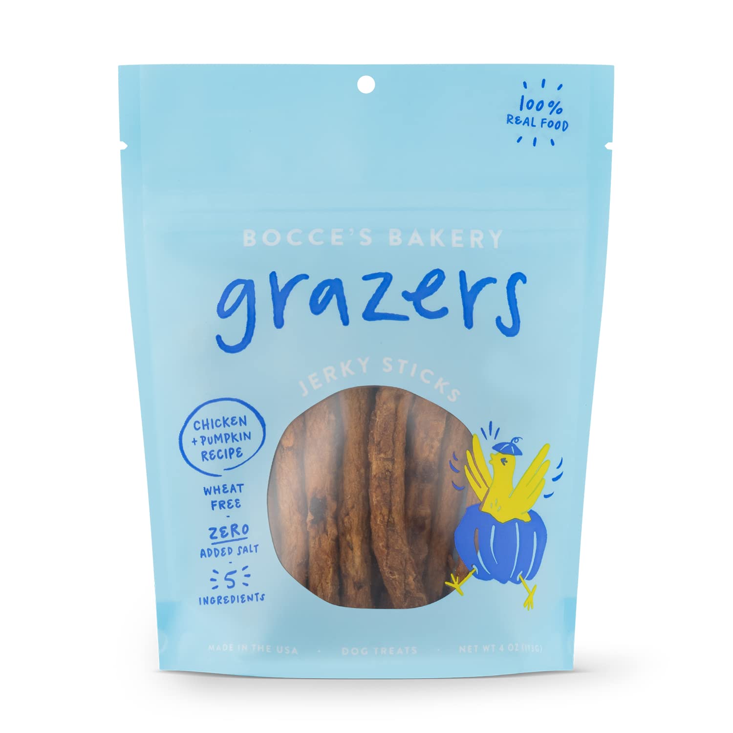 Bocce's Bakery Grazers Dog Treats, Wheat-Free Jerky Sticks for Dogs, Made with Limited-Ingredients, Baked in The USA with No Added Salt or Sugar, All-Naural & High-Protein, Chicken & Pumpkin, 4 oz