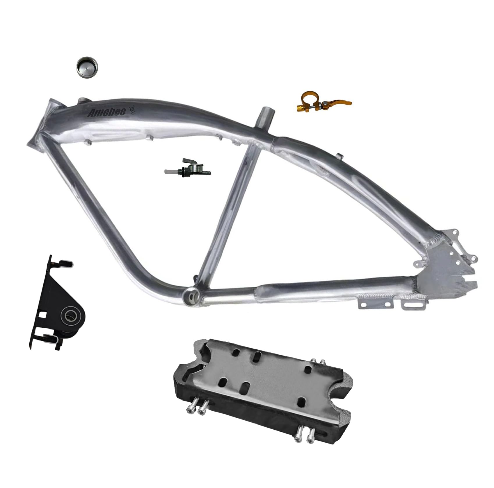Bike Mid Frame with integrated 3.4L metal mid tank Frame Bike Kit Insallation Position ready w/Lid Cover Gas Valve Transit Adaptor Base Plate Silver 26