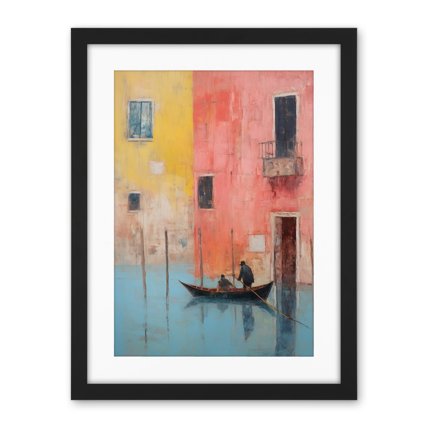 Artery8 Venice Canal Gondola Ride Oil Painting Blue Pink Yellow Pastel Colour Rower Boat on River Artwork Framed Wall Art Print 18X24 Inch