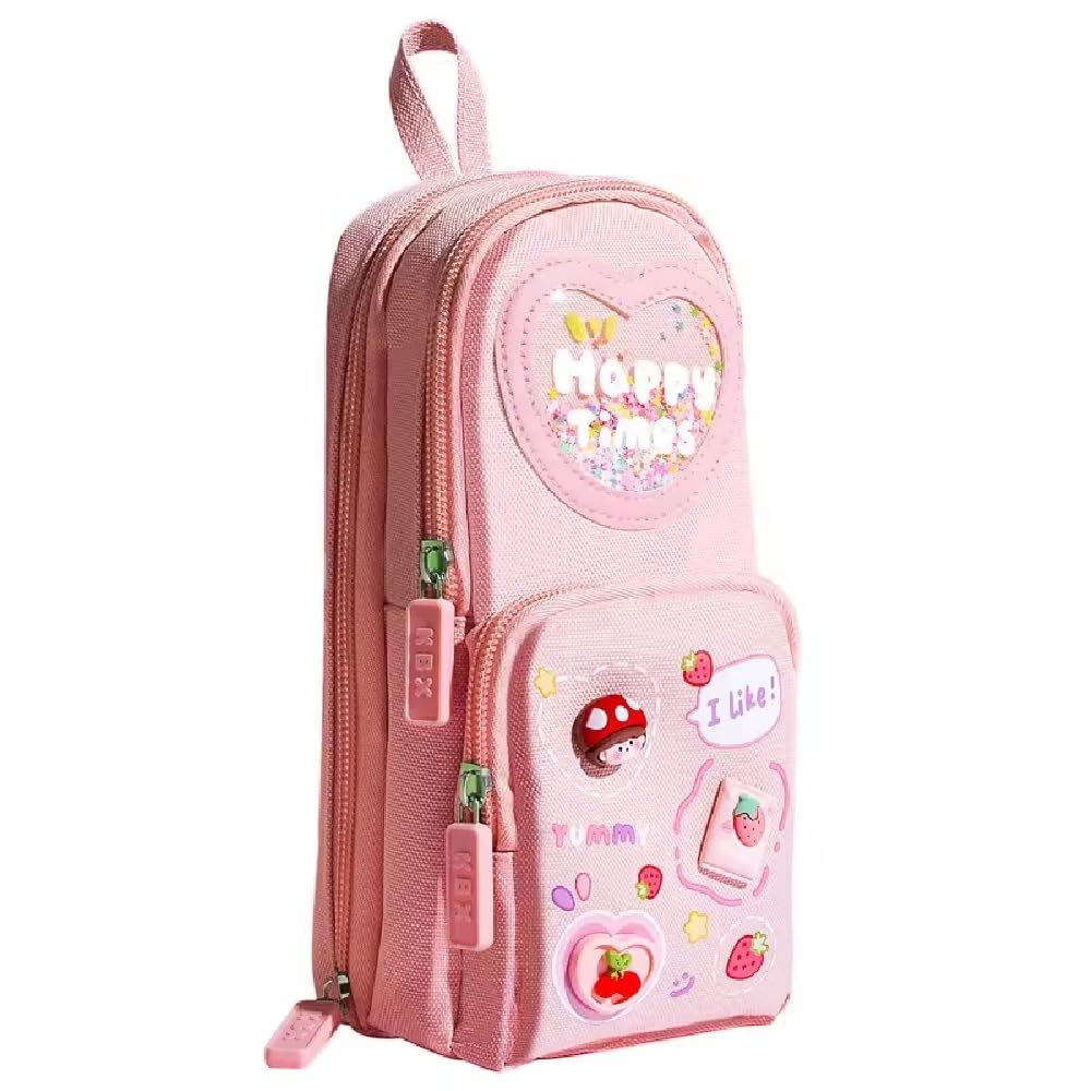 MANAKI Kawaii Pencil Case 3 Compartment Cute Pencil Case Aesthetic Pencil Case for Girls Large Capacity Pen Pencil Pouch Multifunctional Stationery Organizer for School Office (Happy Time Pink)