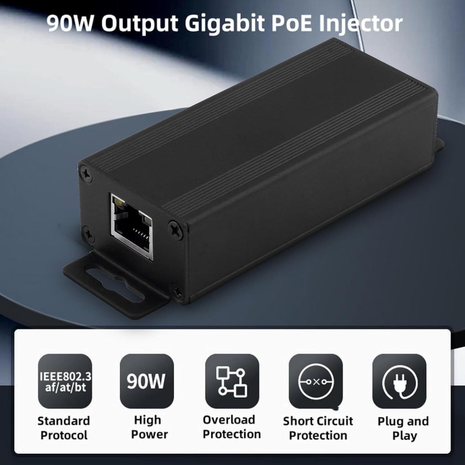 Injecteur PoE Gigabit 90 W, 802.3af/at/bt PoE+ + adaptateur standard non PoE vers PoE, Plug & Play, extension de signal de 100 mètres pour la sécurité/les applications audio commerciales/IoT