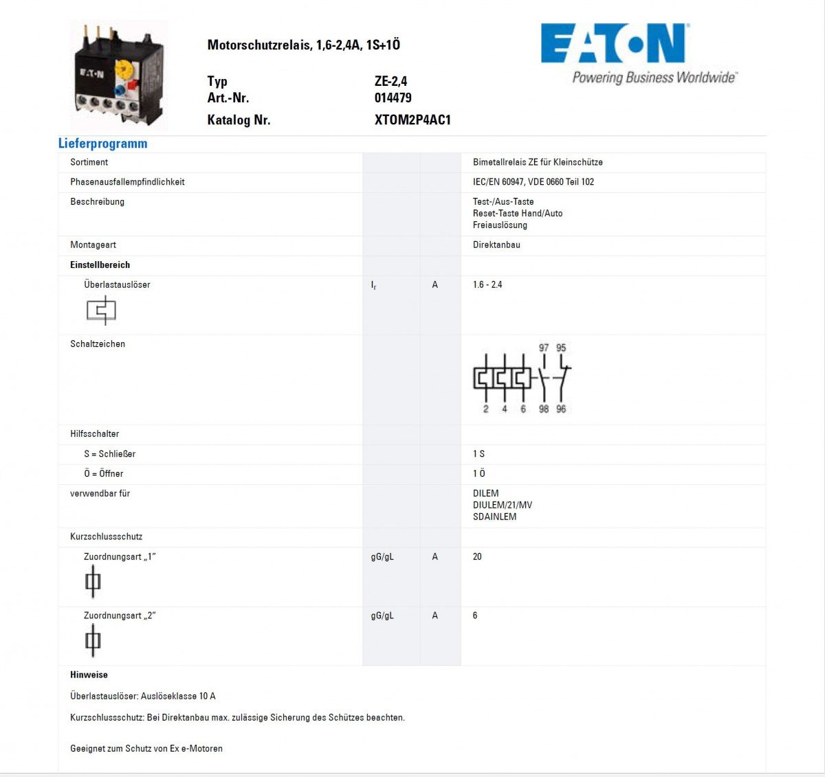 Eaton ZE-2,4 EATON ZE-2, 4 Relé Térmico, 1.6-2.4A, 1 No con 1 NC