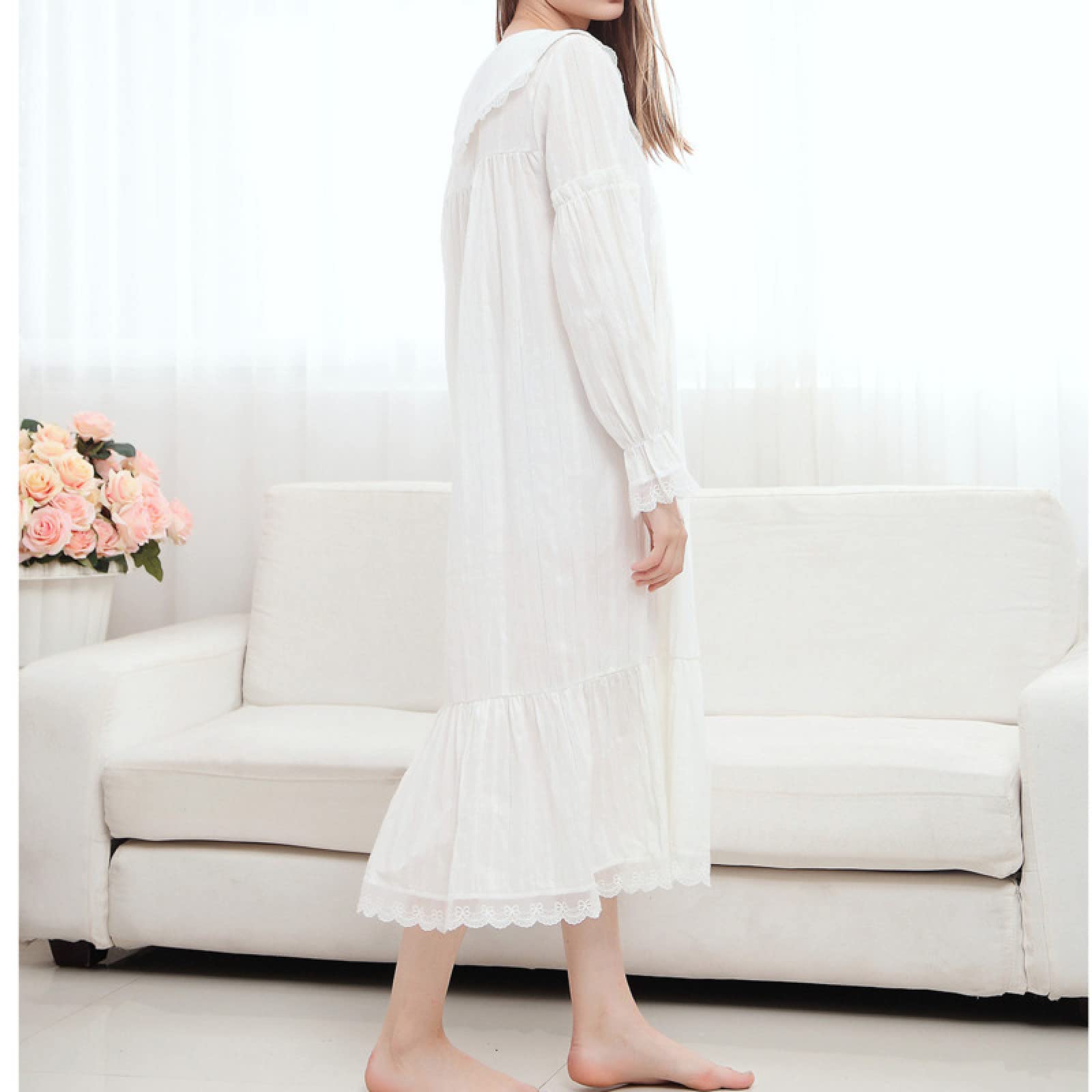 OFFSUM Camicia da Notte Donna - Primavera Camicia da Notte A Tinta Unita Cotone Pizzo retrò Elegante Camicia da Notte Moda Principessa Plus Size Casual Lingerie Confortevole