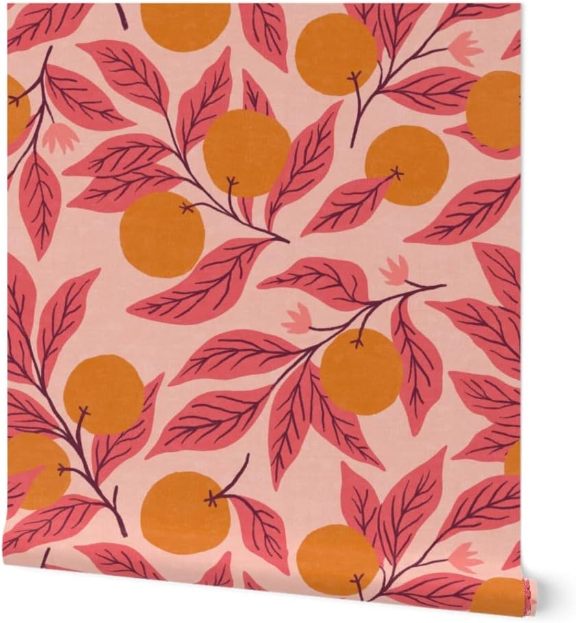 Peel & Stick Wallpaper 12ft x 2ft - Oranges Fruit Pink Citrus Bohemian Orchard Boho Summer Feminine Custom Removable Wallpaper by Spoonflower