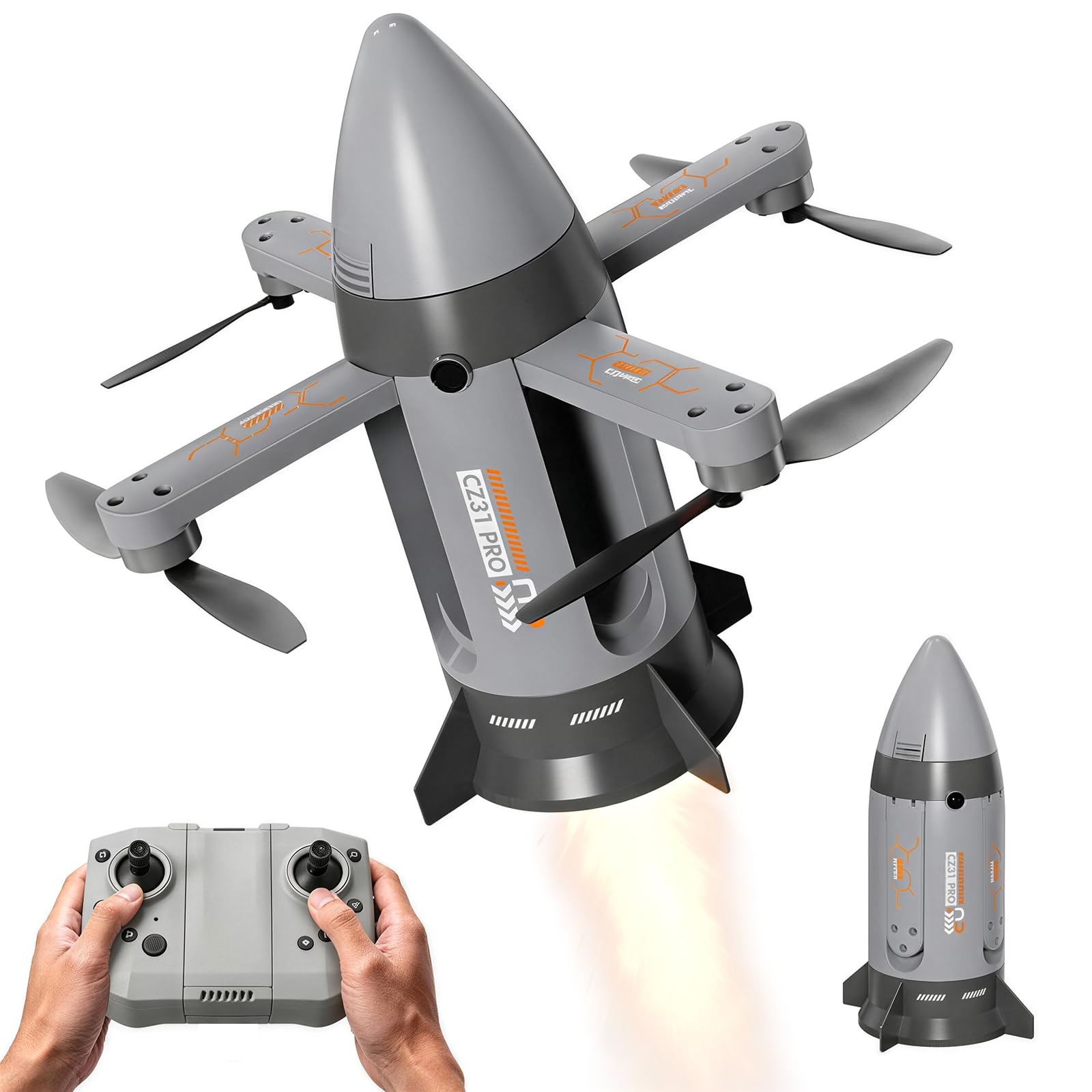 Bürstenlose Faltbare RC Drohne mit Raketen-Sprühfunktion, LED-Licht Kamera Drohne für Erwachsene Kinder, 4-Achsen-Flugzeug mit Höhenhaltung, Fernsteuerung Raumfahrt Flugzeug für Outdoor (Grau)