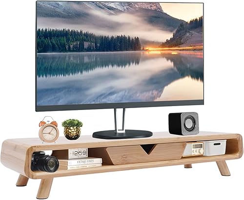 Soporte elevador de bambú para monitor, exquisito soporte de monitor con cajón ergonómico de altura de madera para computadora, laptop, impresora, TV