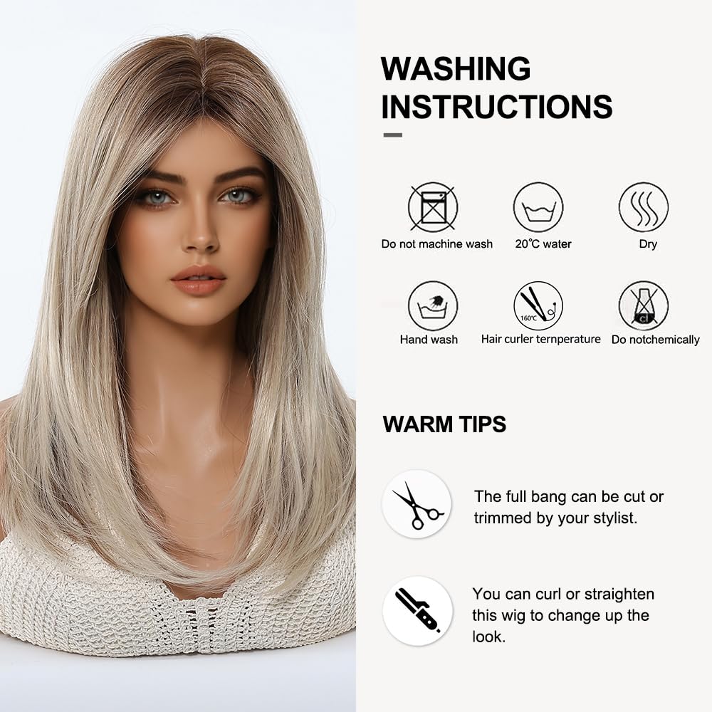 Ombre Aschblonde Perücken für Frauen Mittellange Lange Gerade Perücke mit Vorhang Pony Synthetisches Haar Hitzebeständige Perücken