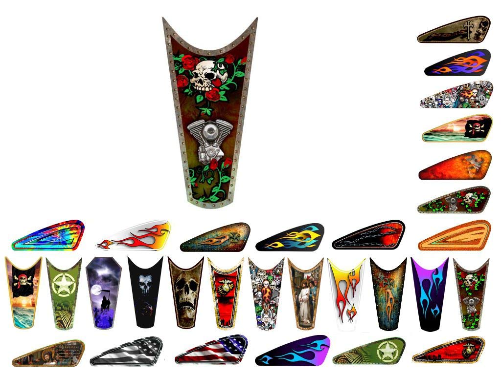 Motorcycle Gas Tank Decals/Sets - for Harley Davidson Sportster Honda Shadow Suzuki Kawasaki Indian Yamaha (V-Twin Skull & Roses - Red - 1pc Top Tank Decal)