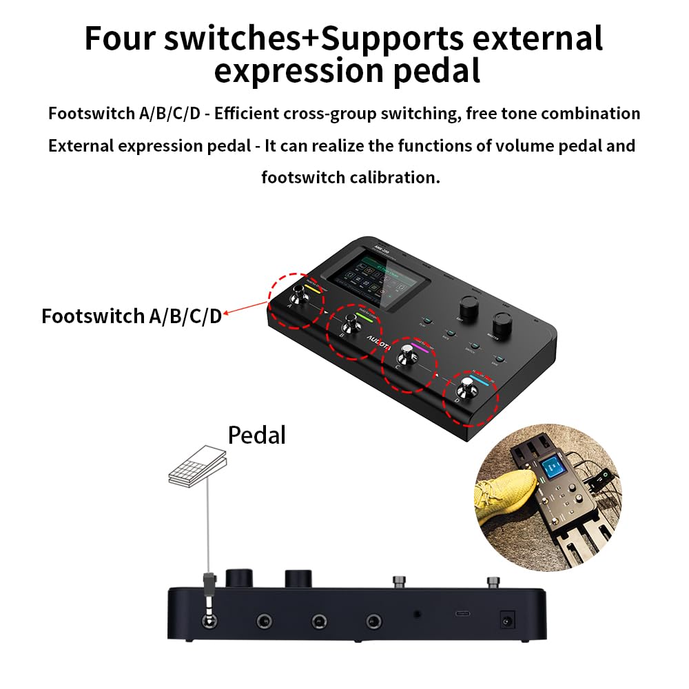 AME-200 Gitarren-Multieffektprozessor mit Amp-Modellierung, Reverb, Delay, Looper, Drum Machine, 4 Fußschalter, Expression-Pedal, USB-OTG-Aufnahme, MNRS GNR & GIR Loader