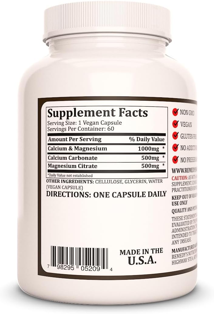 Remedy's Nutrition Calcium Magnesium Zinc | 1,000 mg, 60 Vegan Capsules Dietary Supplement | Two Month Supply