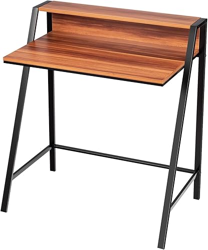 Miniatura 9 de Tangkula Escritorio pequeño para computadora, escritorio compacto para oficina en casa con marco resistente, mesa de estudio de 2 niveles para