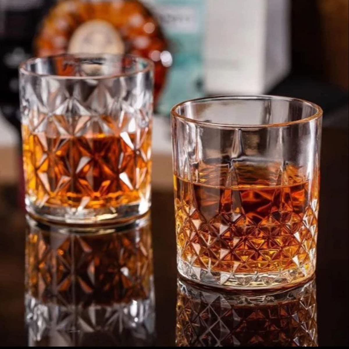 MUAC Crystal Cut Whiskey Glasses Set of 2 pcs- 300 ml Bar Glass for Drinking Bourbon, Whisky, Scotch, Cocktails, Cognac (300ml, Transparent) (2)