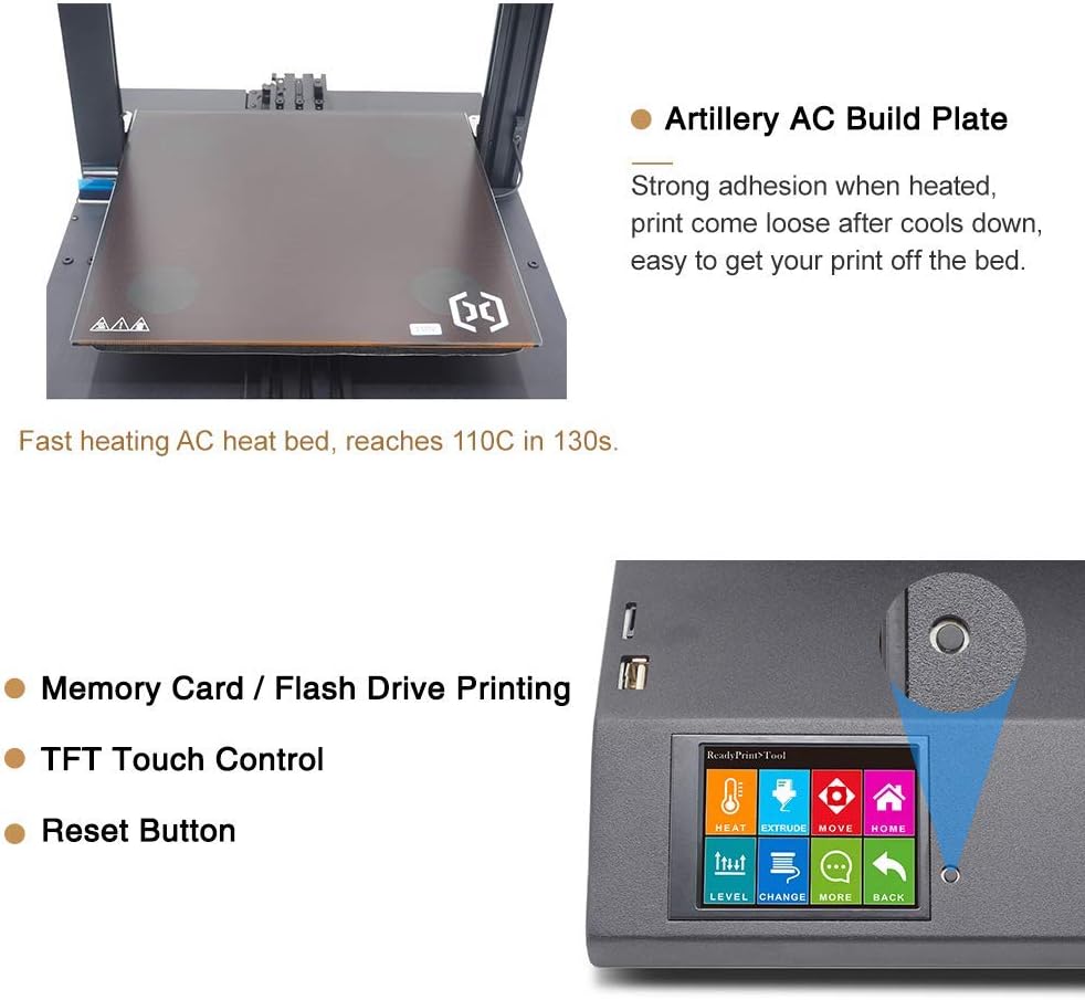 Close-up of Artillery AC Build Plate and TFT Touch Control screen with reset button