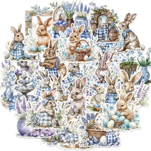 Image of 100 Pcs Easter Bunny Stickers - Watercolor Rabbit & Blue Gingham Pattern, 100 Piece Set for Easter Basket Stuffers, Party Favors, Crafts & Spring Decorations
