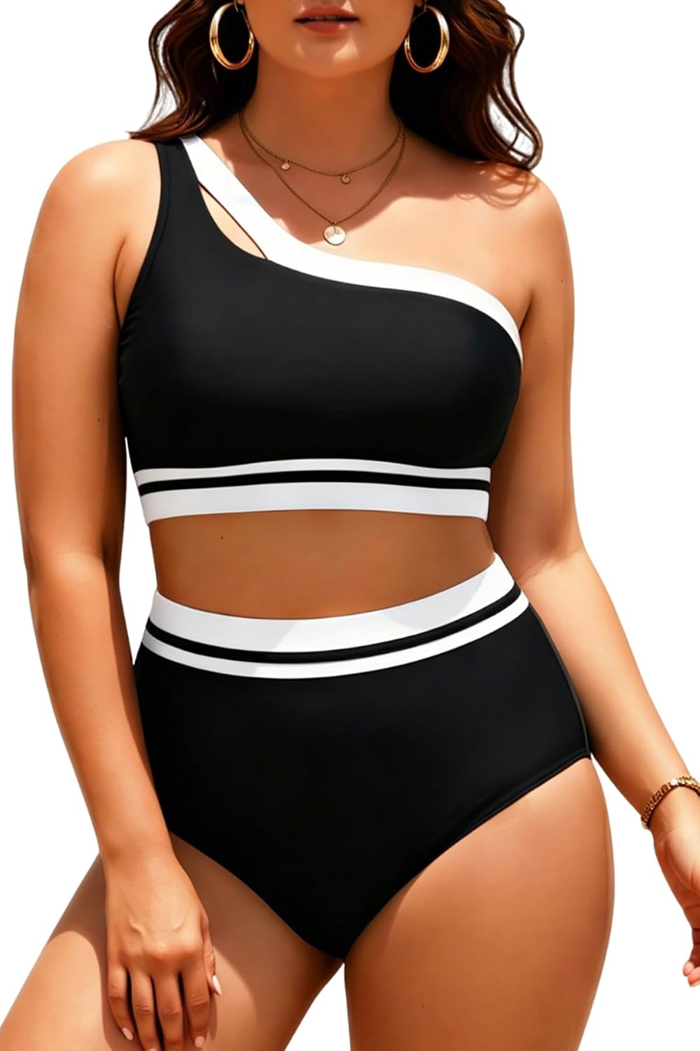 Aqua Eve Women Plus Size High Waisted Bikini One Shoulder Two Piece Swimsuit Color Block Bathing Suits - Review, Price and Buying Guide