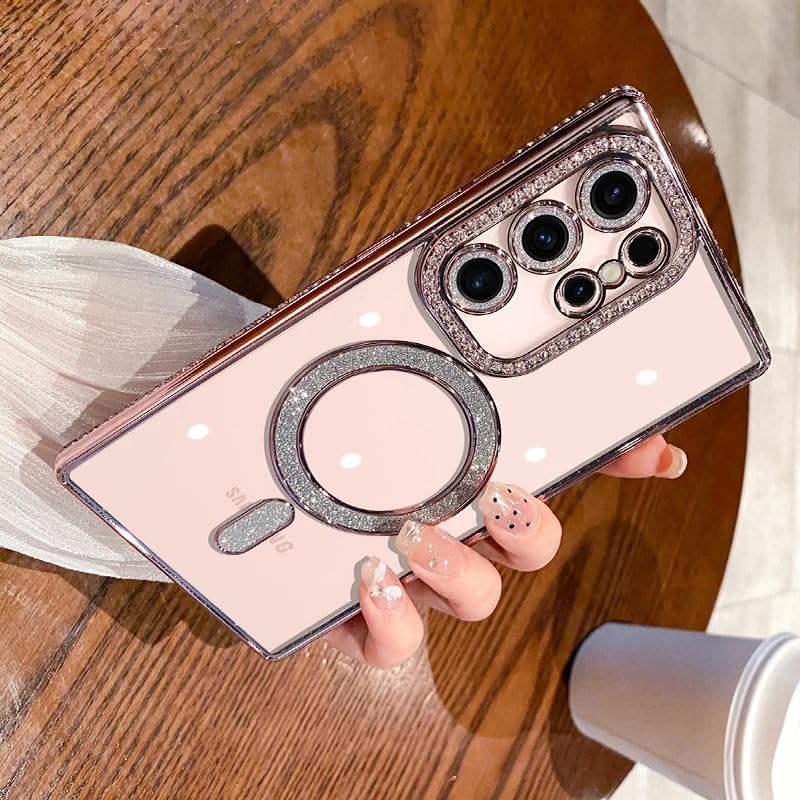 Image of for Samsung Galaxy Glitter Case,Luxury Bling Rhinestone Diamond Plated Bumper Case,MagSafe, Sparkle Camera Lens Protection Clear Back Cover (Pink, for Samsung Galaxy S25 Ultra)
