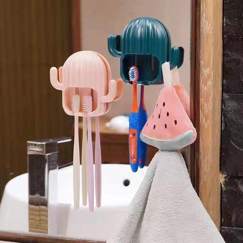 Miniatura 4 de Lindo soporte para cepillo de dientes para niños, soporte para cepillo de dientes de cactus montado en la pared, organizador de drenaje de dibujos