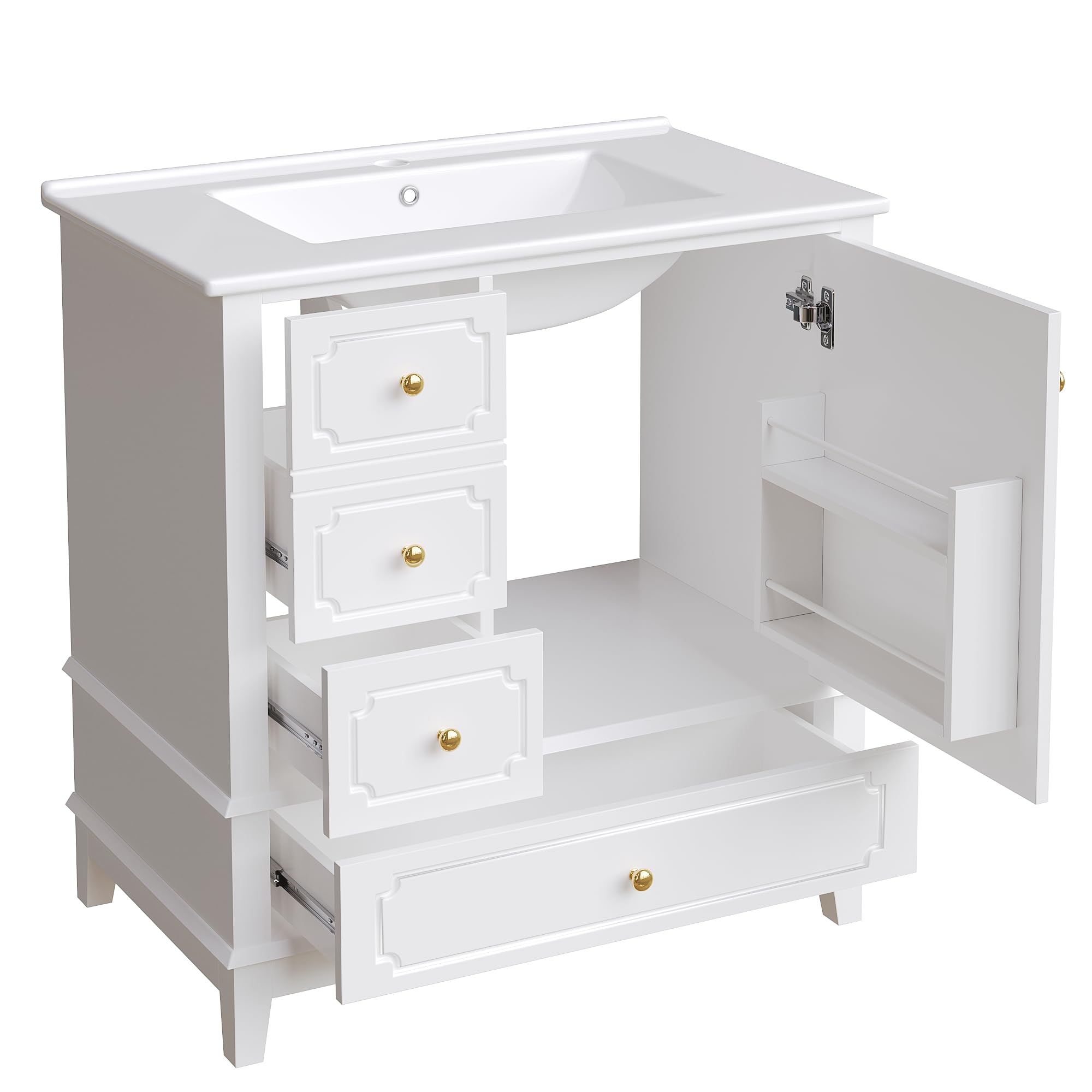 Armario para lavabo de baño, 76,5 x 47 x 87,5 cm, con lavabo de cerámica, asas doradas, antibacteriano, color blanco, con orificio de rebosadero y mucho espacio de almacenamiento