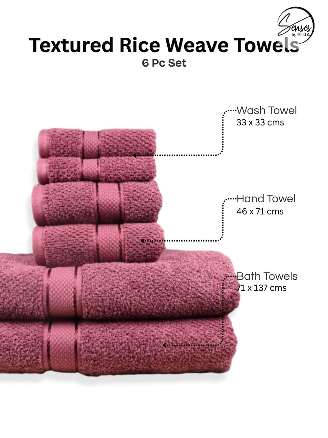 SENSES by Riba Textured Rice Weave Cotton Towels Set (6 Pieces, 550 GSM, Burgundy) | Bath Towel Combo - 2 Bath, 2 Hand & 2 Wash Towels | Antimicrobial, Soft, Absorbent Ideal for Daily Use & Gifting 1