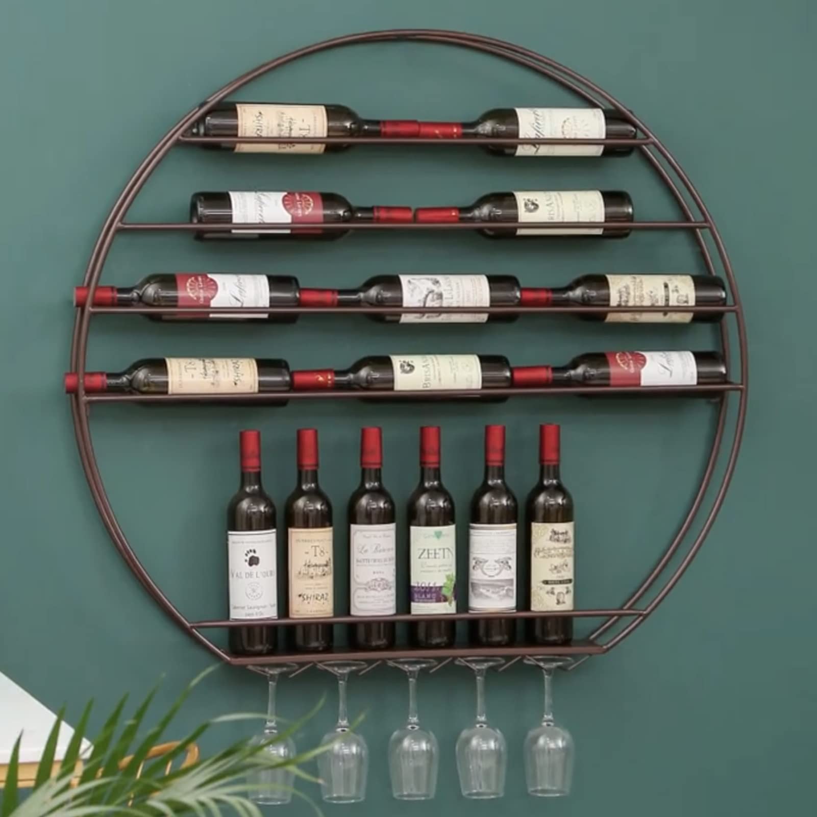 Étagère à vin murale rustique bois métal support bouteille et verre cuisine