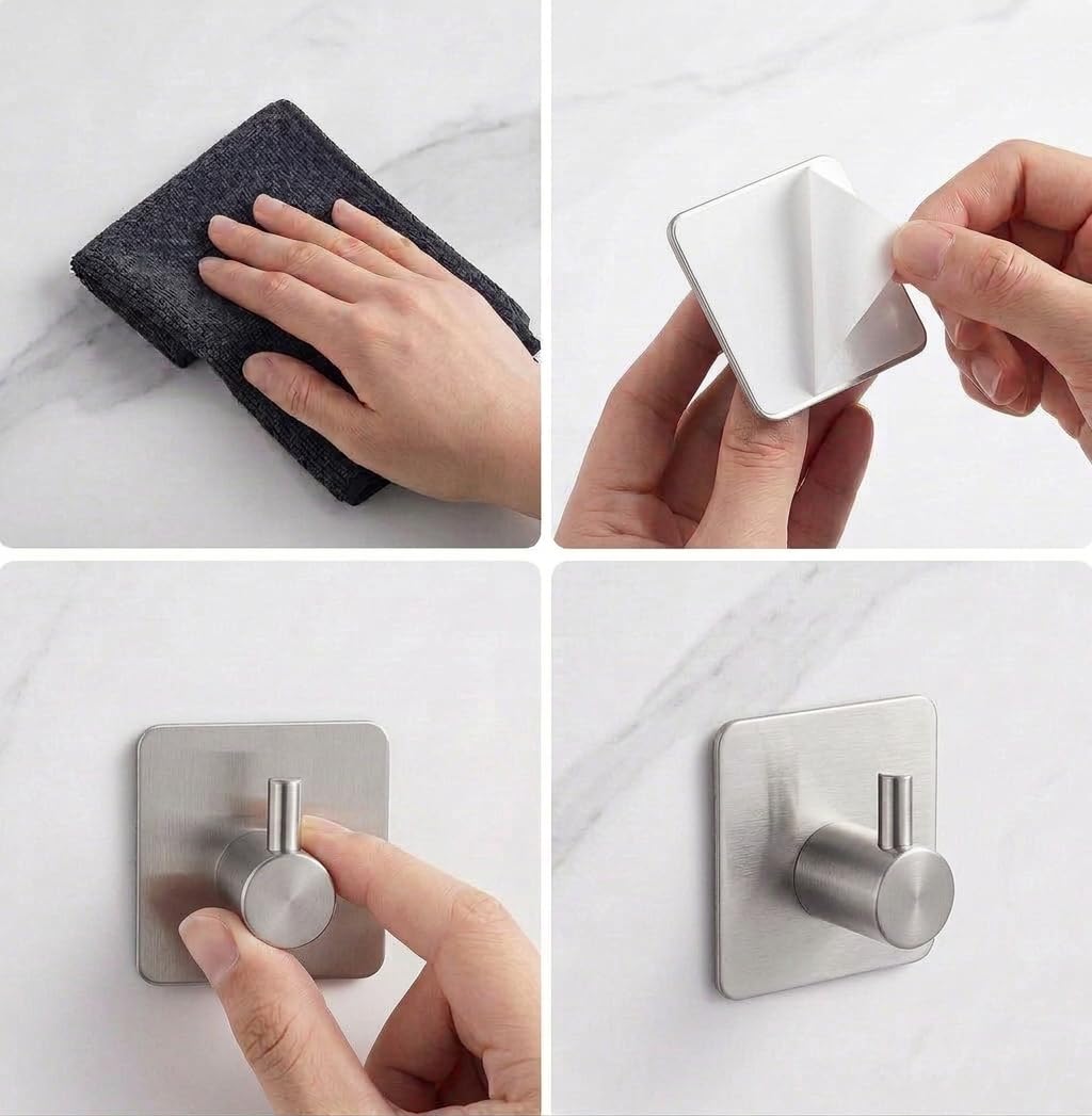 edihome, Ganchos Adhesivos para Pared, de Acero Inoxidable, Colgadores Resistentes sin Taladro, Diseño Cuadrado Moderno para Baño Cocina, Negro Blanco Gris (4, Plata) - 5