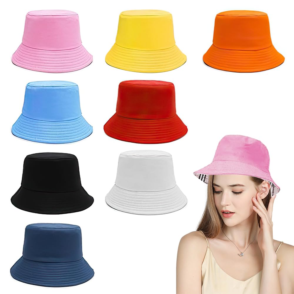 Lot de 8 Bobs Unisexes, Chapeaux De Pêcheur, Noir, Rouge, Rose, Blanc, Bleu Ciel, Bleu Foncé, Jaune, Orange, 55-58CM, Chapeaux de Soleil Double Face Anti-UV, Bucket Hat pour l'Automne, Camping